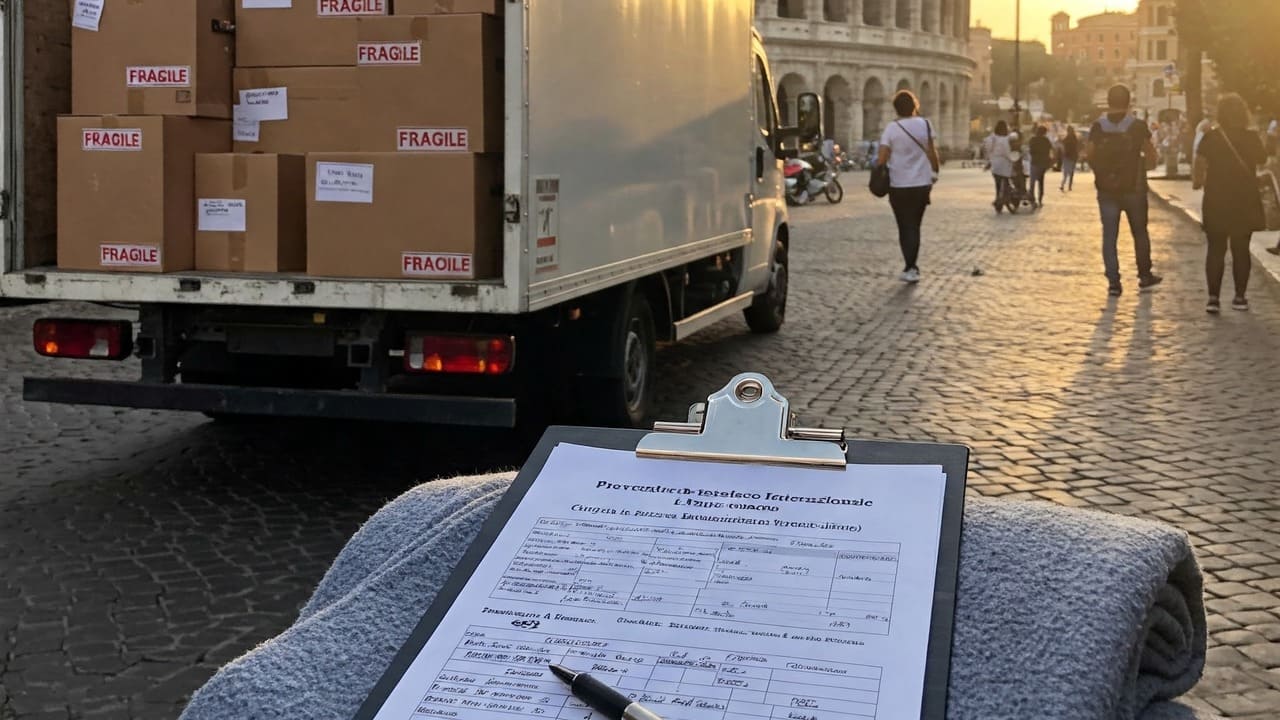 Camion di traslochi a Roma, con il Colosseo sullo sfondo, pronto per un trasloco internazionale.