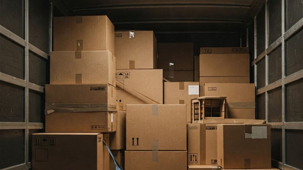 Scatole di trasloco caricate su un camion, a simboleggiare il trasporto dei beni