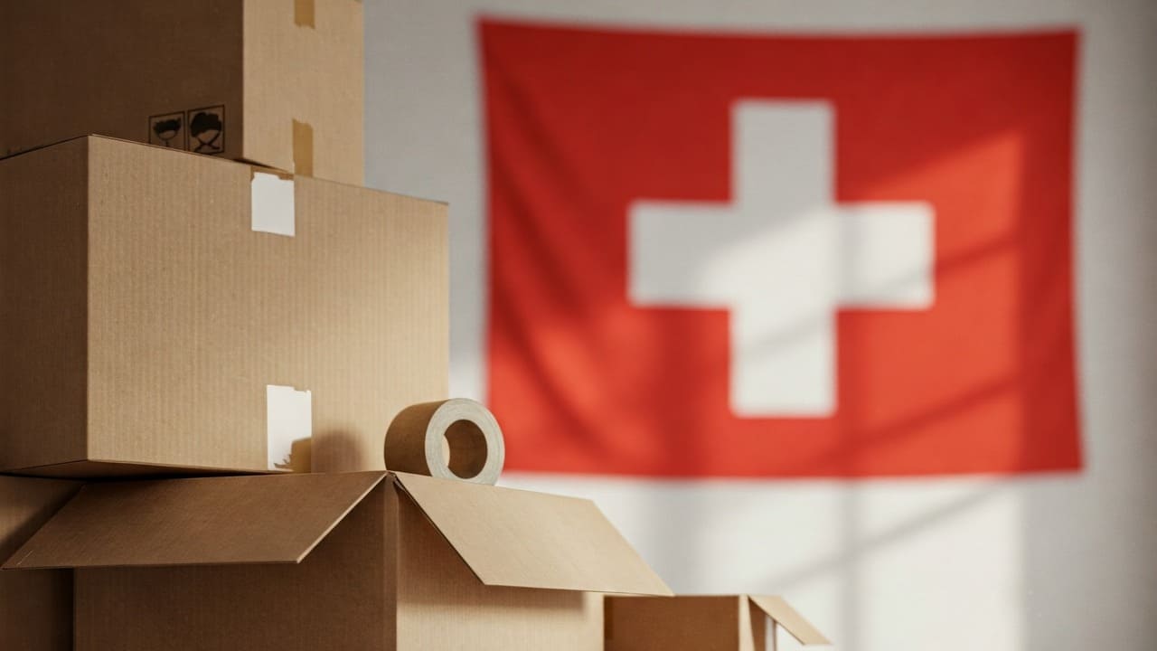 Scatole impilate con bandiera svizzera sullo sfondo, rappresentazione di un trasloco in Svizzera
