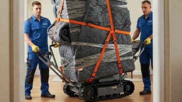 Trasporto professionale di un pianoforte verticale attraverso una porta. Due traslocatori utilizzano coperte, cinghie e un carrello specifico per proteggere lo strumento.